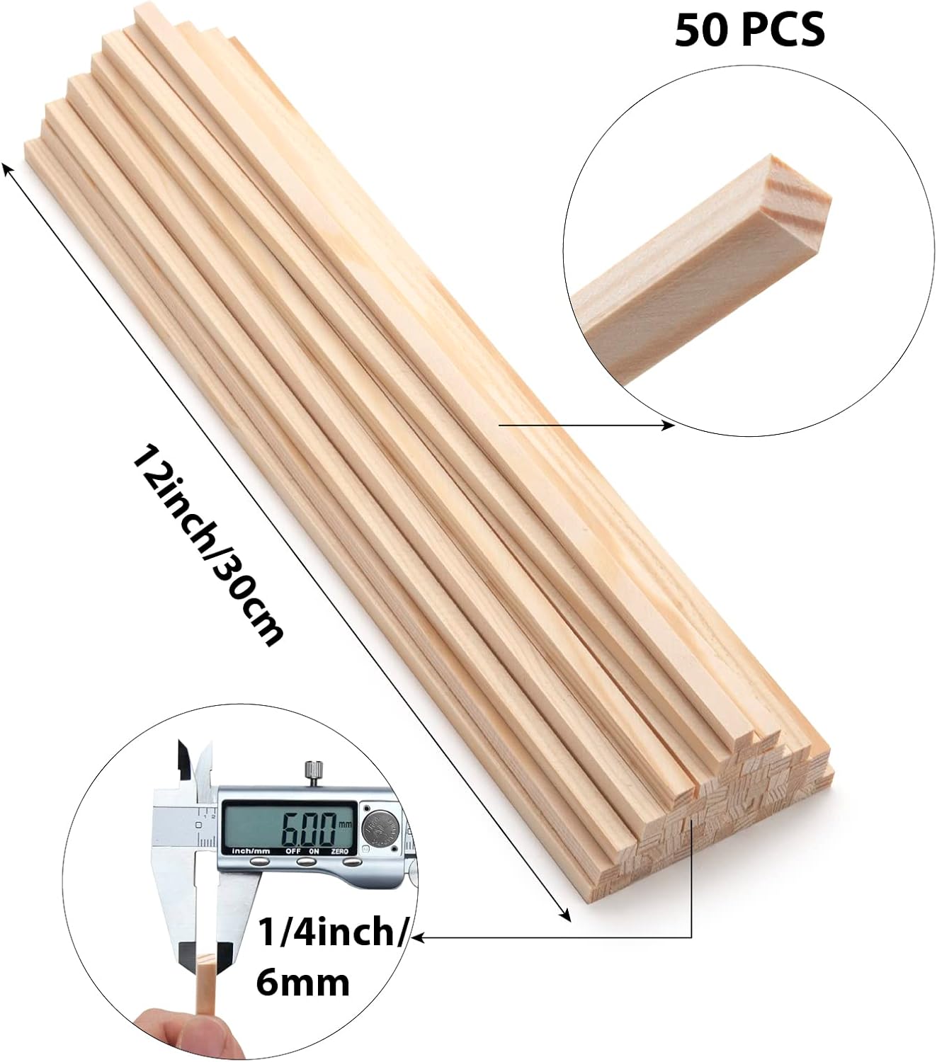 50PCS 1/4" x 12" Square Wooden Dowel Rods, Small Wood Square Dowel Rods Unfinished Wood Craft Sticks Hardwood Sticks Wooden Strips for Arts and DIYers, DIY Projects Home Decor Woodworking