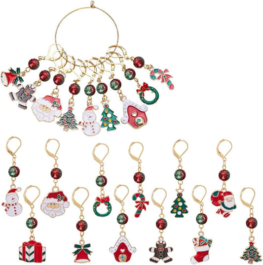 SUNNYCLUE 1 Box 24Pcs 12 Style Christmas Crochet Stitch Markers Stitch Marker Small Enamel Crochet Knitting Charms for Knitting Weaving Sewing Needleworks DIY Craft Supplies