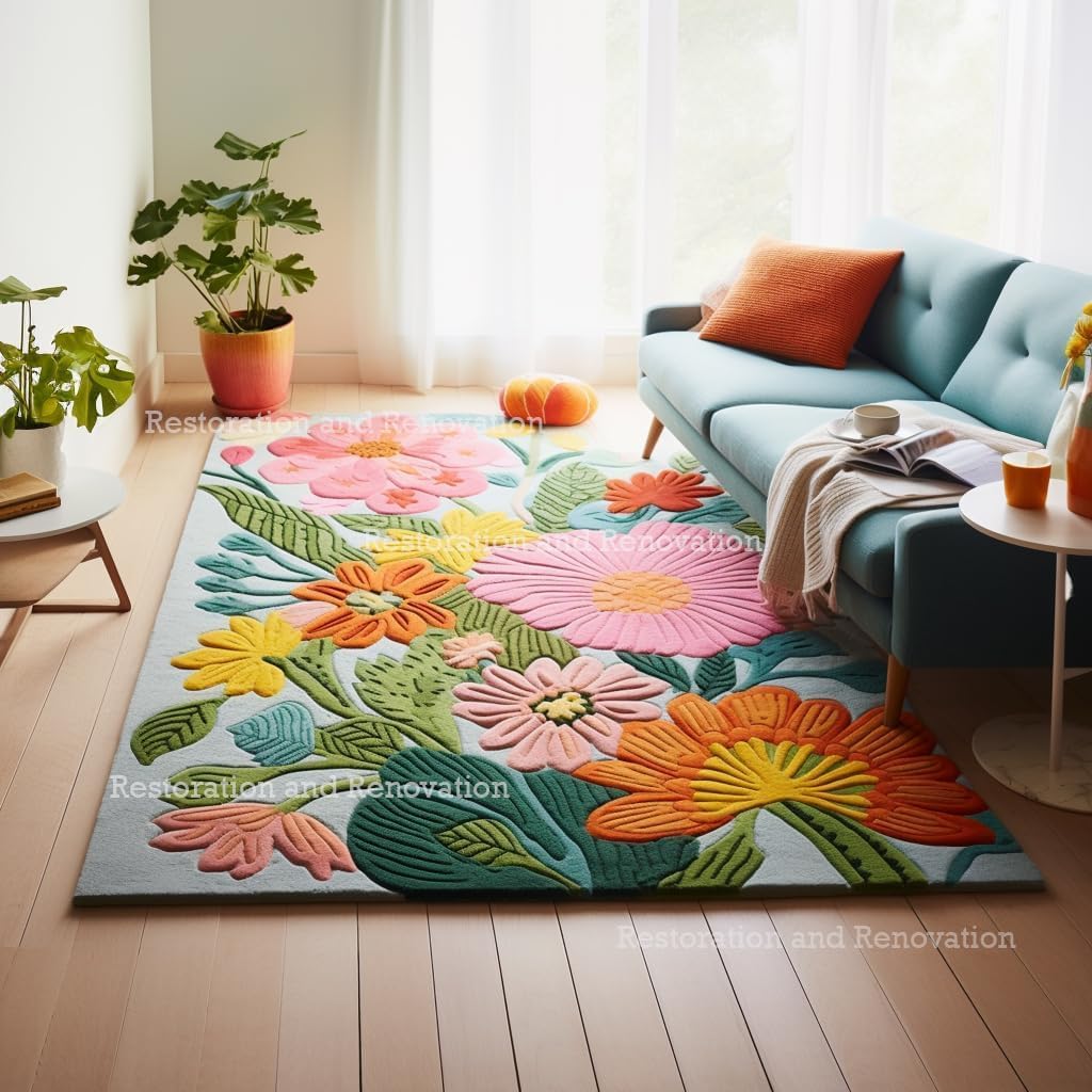 Handmade Wool Floral Area Rug for Living Room | Elegant Flower Garden Design, Soft, Thick and Durable | Bedroom, Dining Room & Home Decor Carpet (10' x 13', Floral F)