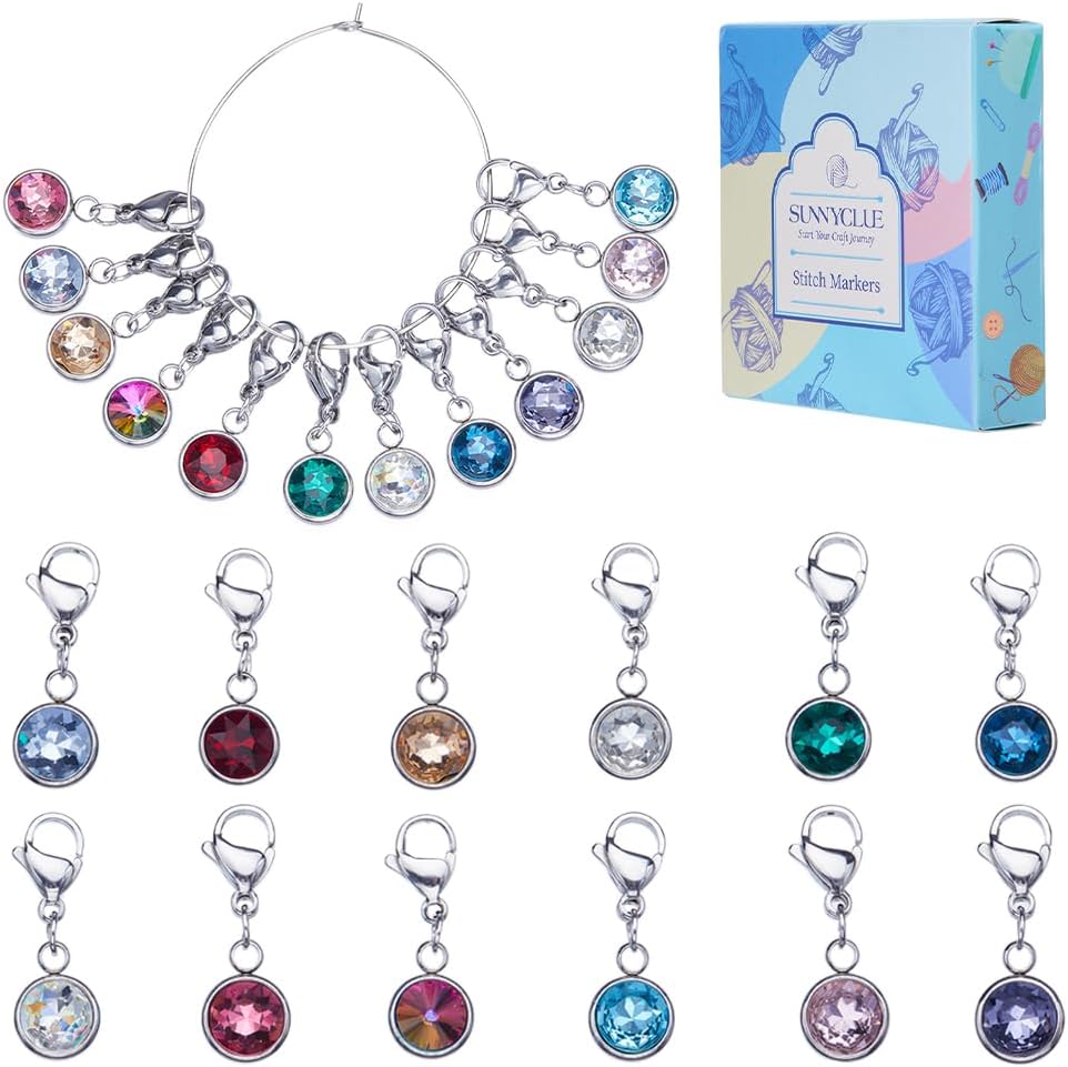 SUNNYCLUE 1 Box 12pcs Knitting Stitch Markers Knitting Crochet Markers Rhinestone Crystal Brirthstone Charms Crochet for Weaving Sewing Needleworks DIY Craft Gift Supplies