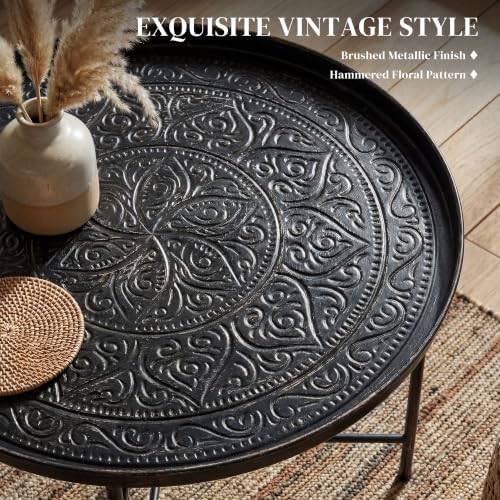 HOMCOM 24" Hammered Round Coffee Table Vintage Metal Side Table Pewter - Image 5