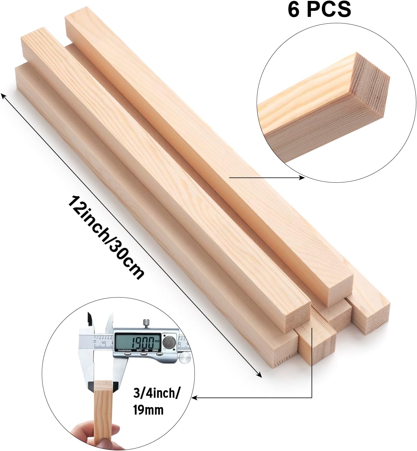 Square Wooden Dowel Rods, 6 PCS 3/4" x 12" Square Wood Dowel Rods Wooden Sticks for Crafts, Unfinished Hardwood Sticks Wood Strips for Woodworking, Crafting, Arts and DIYers, Home Decor, Model Making