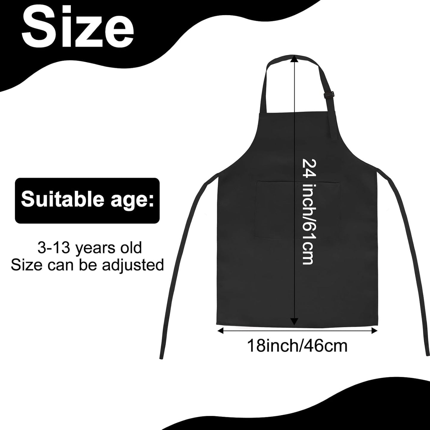 12 Pack Kids Apron Bulk with 2 Pockets Adjustable Chef Art Apron Kids Painting Aprons for Cooking Baking Painting Crafting Grilling Activity（Black）