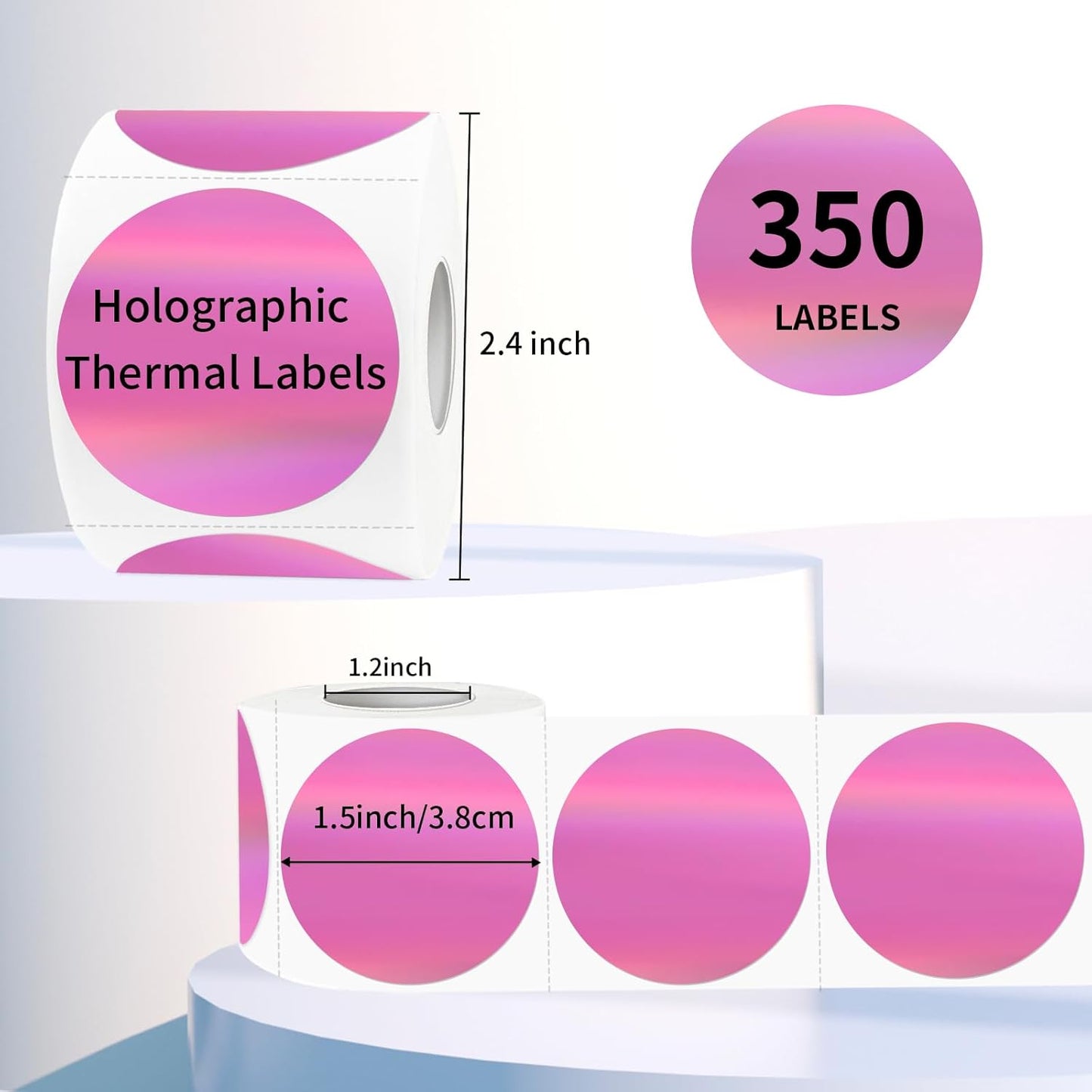 1.5" Holographic Direct Thermal Label Stickers, Round Printable Rainbow Glitter Thermal Printer Sticker Labels for Gift Wrapping, Self-Adhesive DIY Custom Logo Design- Pink
