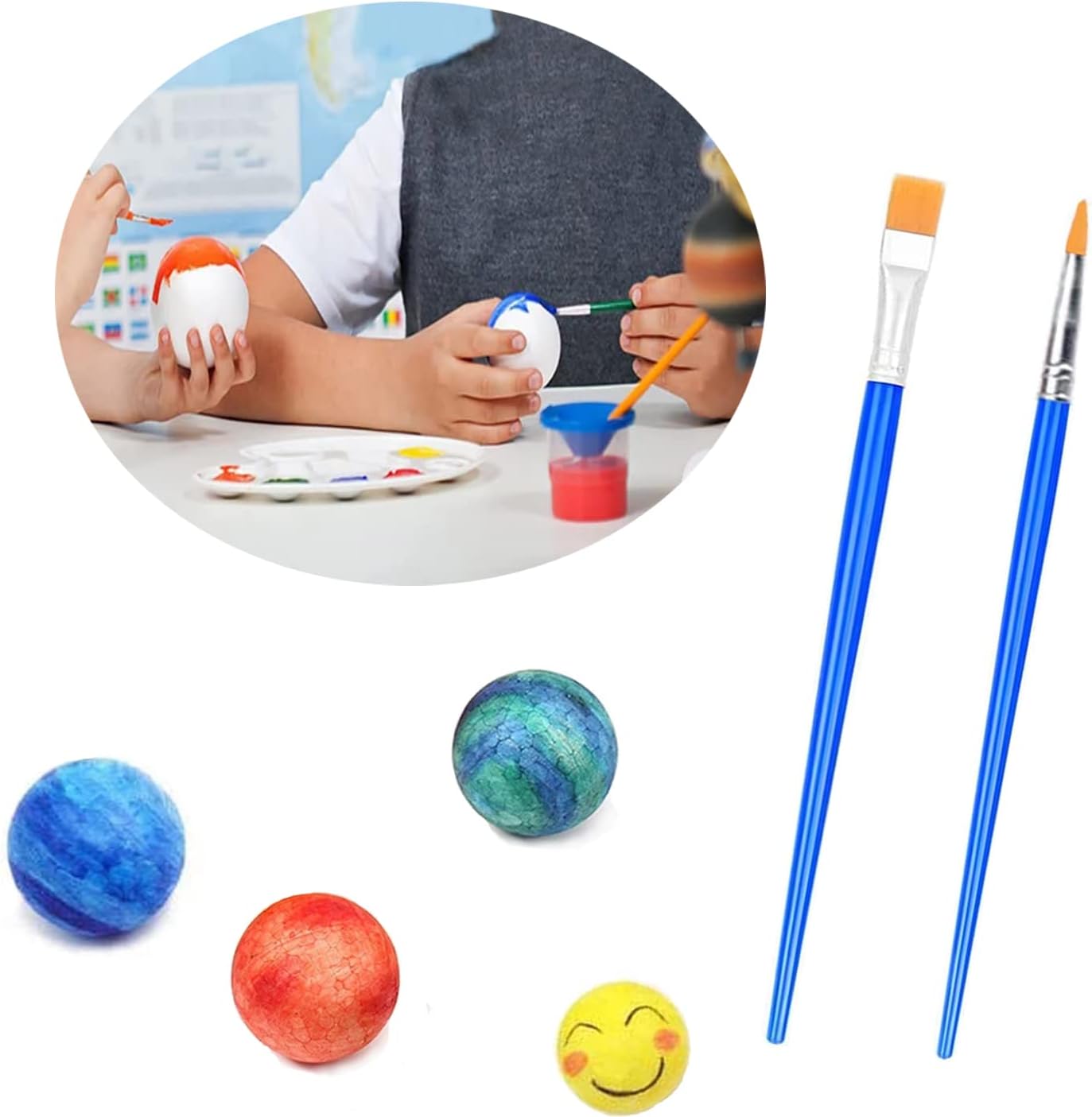 hesmartly 60 Pack Craft Foam Balls,White Polystyrene Smooth Round Balls, 6 Sizes Foam Balls and 2 Pieces Painting Brushes for DIY Projects Arts and Crafts Supplies