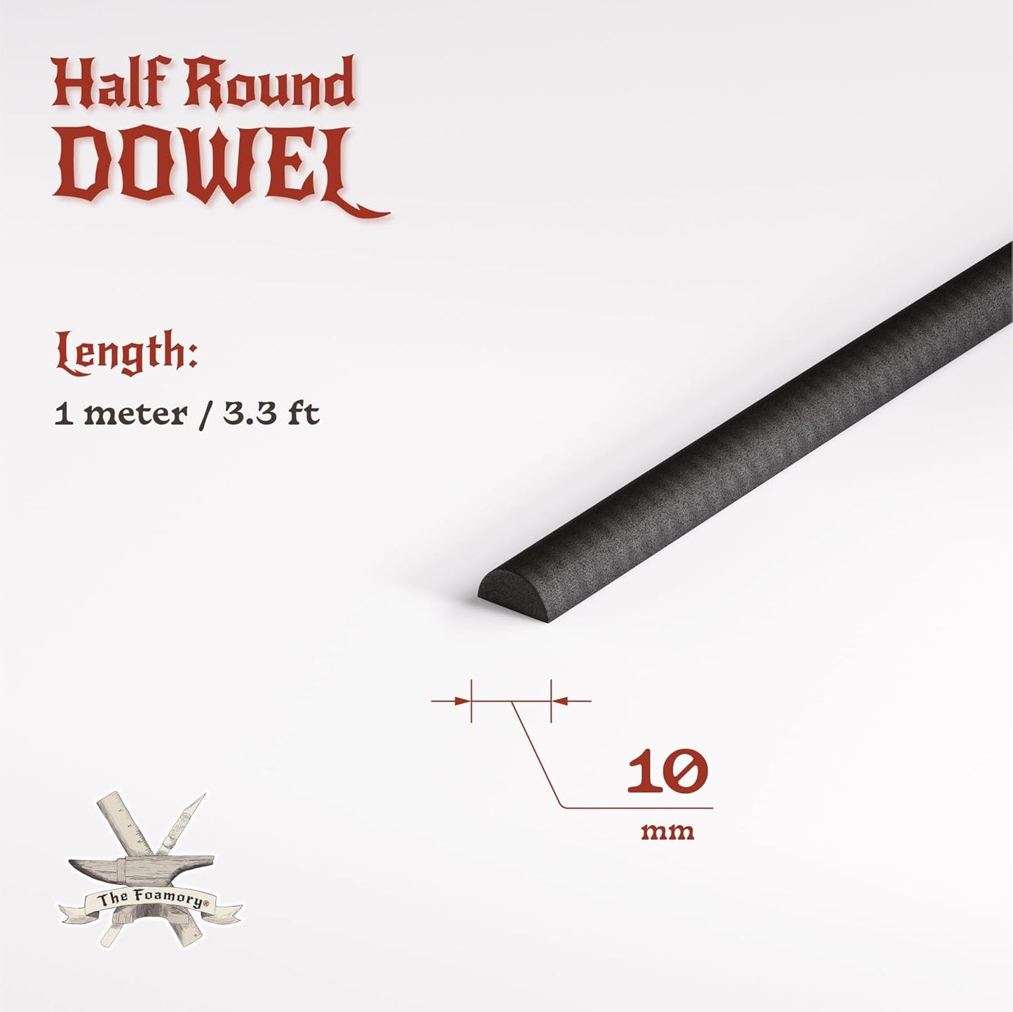 The Foamory's No Waste Half Round EVA Foam Dowel. 5-25mm x 1M High-Density Black Craft Foam Stick. Pre-Cut for Quick Cosplay Armor Trim, Weapon Enhancement and Costumes. Time Saving, Paint-Ready Bevel
