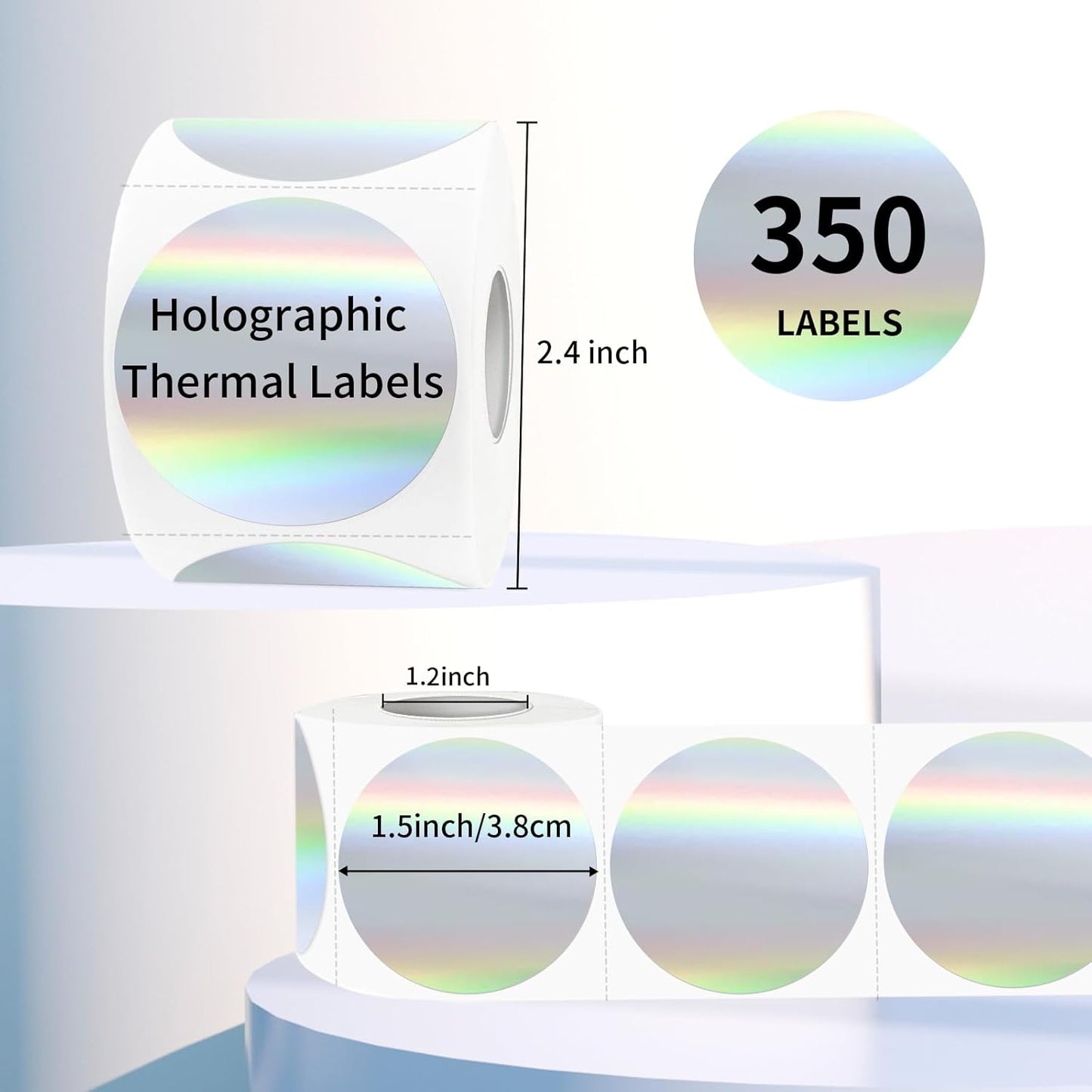 1.5" Holographic Direct Thermal Label Stickers, Round Printable Rainbow Glitter Thermal Printer Sticker Labels for Gift Wrapping, Self-Adhesive DIY Custom Logo Design- Silver
