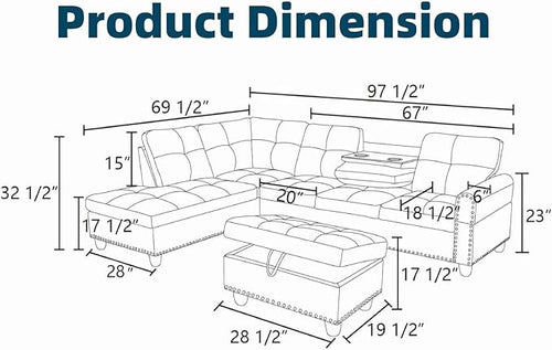 97.5" L Shaped Couch Set Linen, Modular Sectional Couches - Image 2