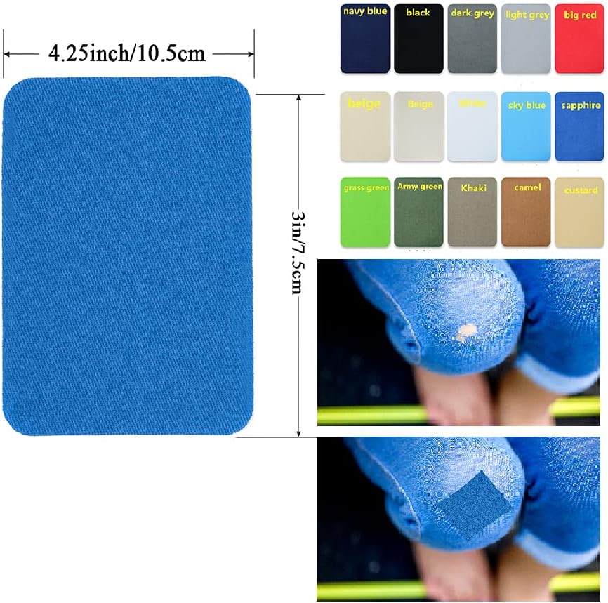 12PCS Fabric Iron on Patches Inside & Outside Strong Glue 100% Cotton Repair Patch for Clothes Pants Mending and Decorating, Navy Blue