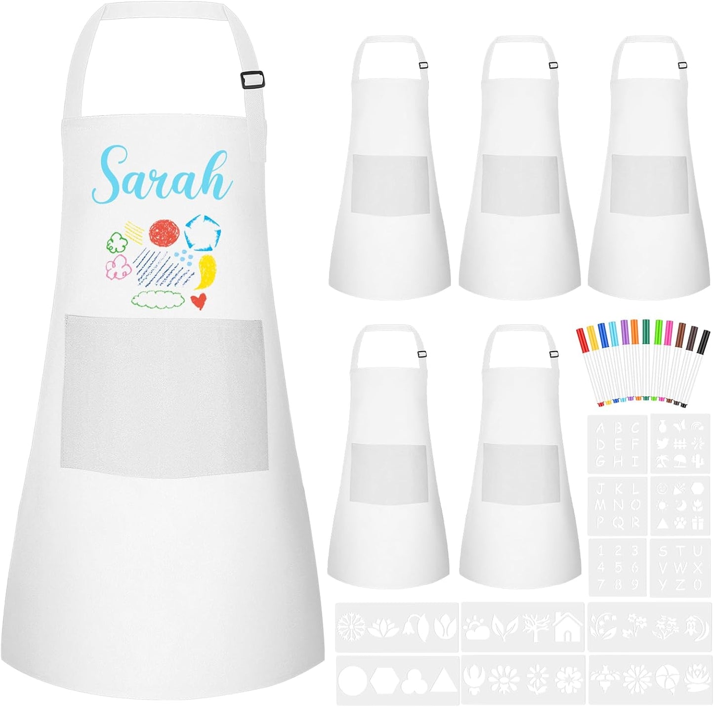 Morcheiong 6/12/24 Pack Adjustable Kid Apron Children Apron with Colored Pen and Craft Template Children Painting Apron-White