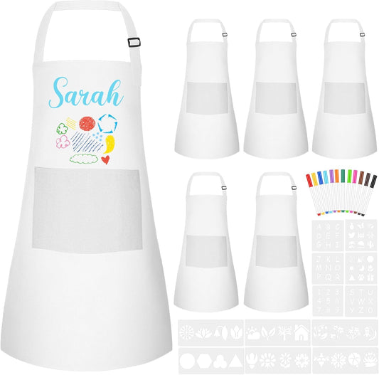 Morcheiong 6/12/24 Pack Adjustable Kid Apron Children Apron with Colored Pen and Craft Template Children Painting Apron-White