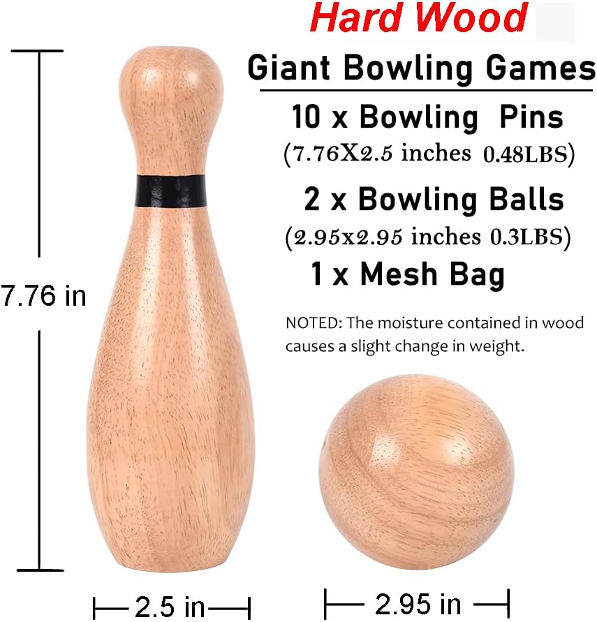 NI-ROU Outdoor Giant Lawn Bowling Games Rubber Wooden Lawn Set Fun Sports Games Outside or Indoor for Family Adults and Kids Backyard Skittles Carrying Bag with 10 Pins and 2 Balls