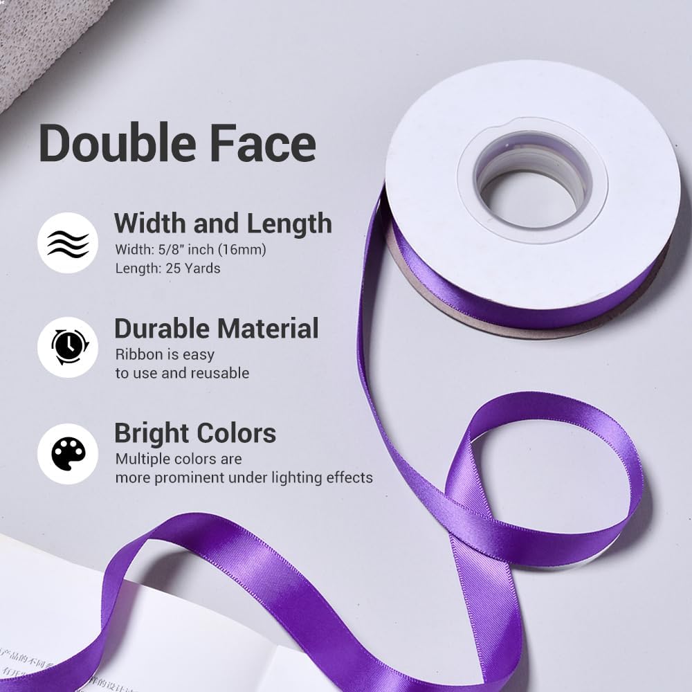 YAMA Double Face Satin Ribbon - 5/8" 25 Yards for Gift Package Wrapping,Floral Design,Hair Bow Clip Making,Crafting,Sewing,Wedding Decor, Purple