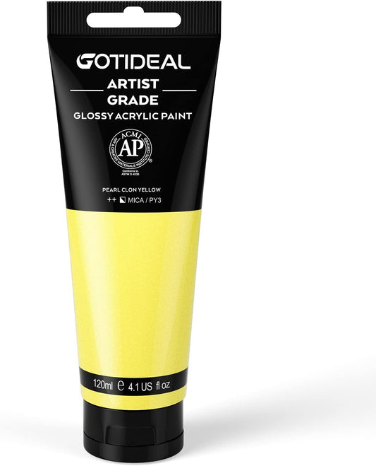 GOTIDEAL Metallic Acrylic Paint Pearl Clon Yellow Tubes(120ml, 4.1 oz) Non Toxic Non Fading,Rich Pigments for Painters, Adults & Kids, Ideal for Canvas Wood Clay Fabric Ceramic Craft Supplies