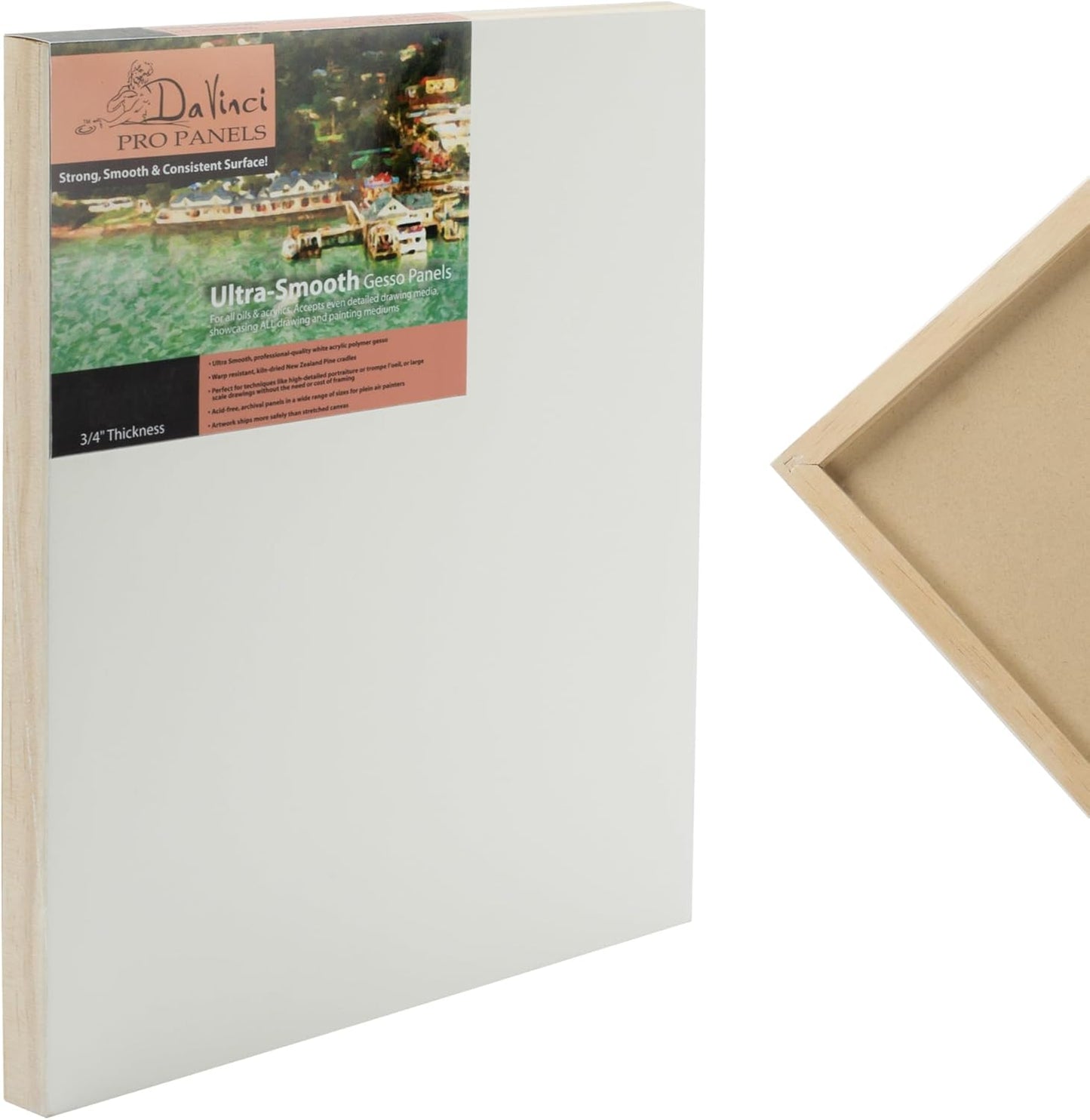 Da Vinci Pro Ultra Smooth Wood Canvas Gesso Board - 3/4" Deep, 5x7 Single White Acrylic Polymer Gesso Panels for Painting Fine Portraits and Ultra Fine Detail Illustrations and Artwork