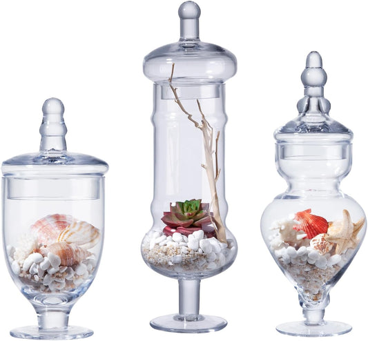 3-Pack Glass Apothecary Jars with Lids – Decorative Candy Storage Containers for Wedding, Buffet, Kitchen (H: 9", 12.5", 14")