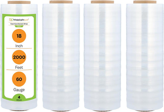 PSBM Stretch Wrap, 4 Pack, 18 Inch x 2000 Feet, 60 Gauge, Clear Plastic Cling, Cast Hand Stretch Film Rolls for Packaging Moving Packing Pallets