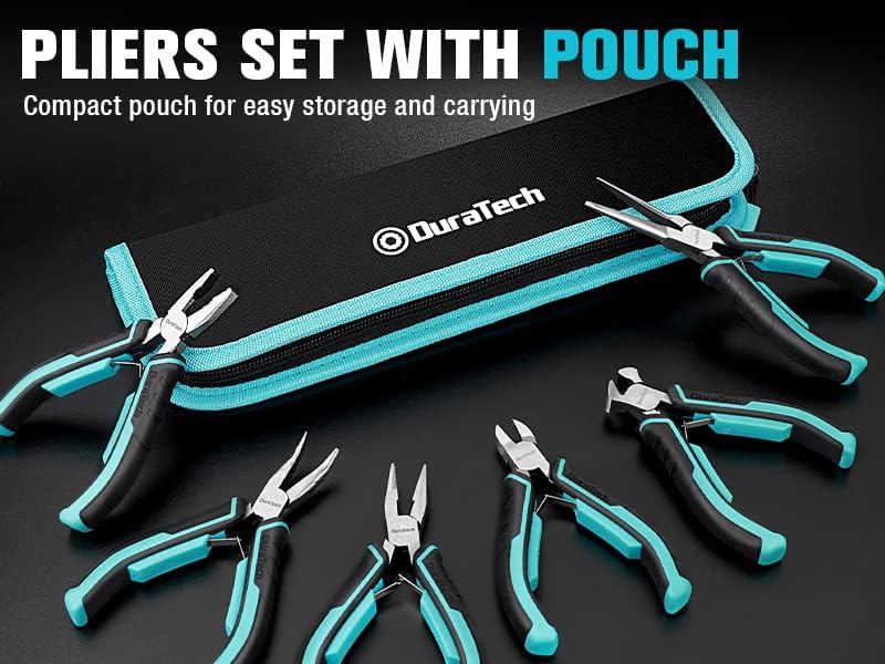 DURATECH Mini Pliers Set, 6PCS Jewelry Pliers Set, CRV Construction, Includes Needle Nose, Diagonal, Long Nose, Bent Nose, End Cutting and Linesman Pliers, for Making Crafts, Repairing Electronic