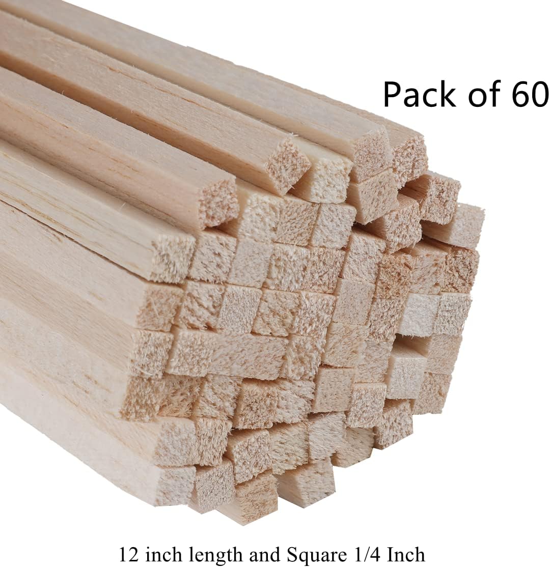 60 Pack Square Wood Dowel Rods 1/4x1/4x12 Inch Balsa Wood Sticks Natural Wood Color Unfinished Wood for Cricut Maker Make Models of House Airplane Ship Boat DIY Wooden(6x6x305mm)