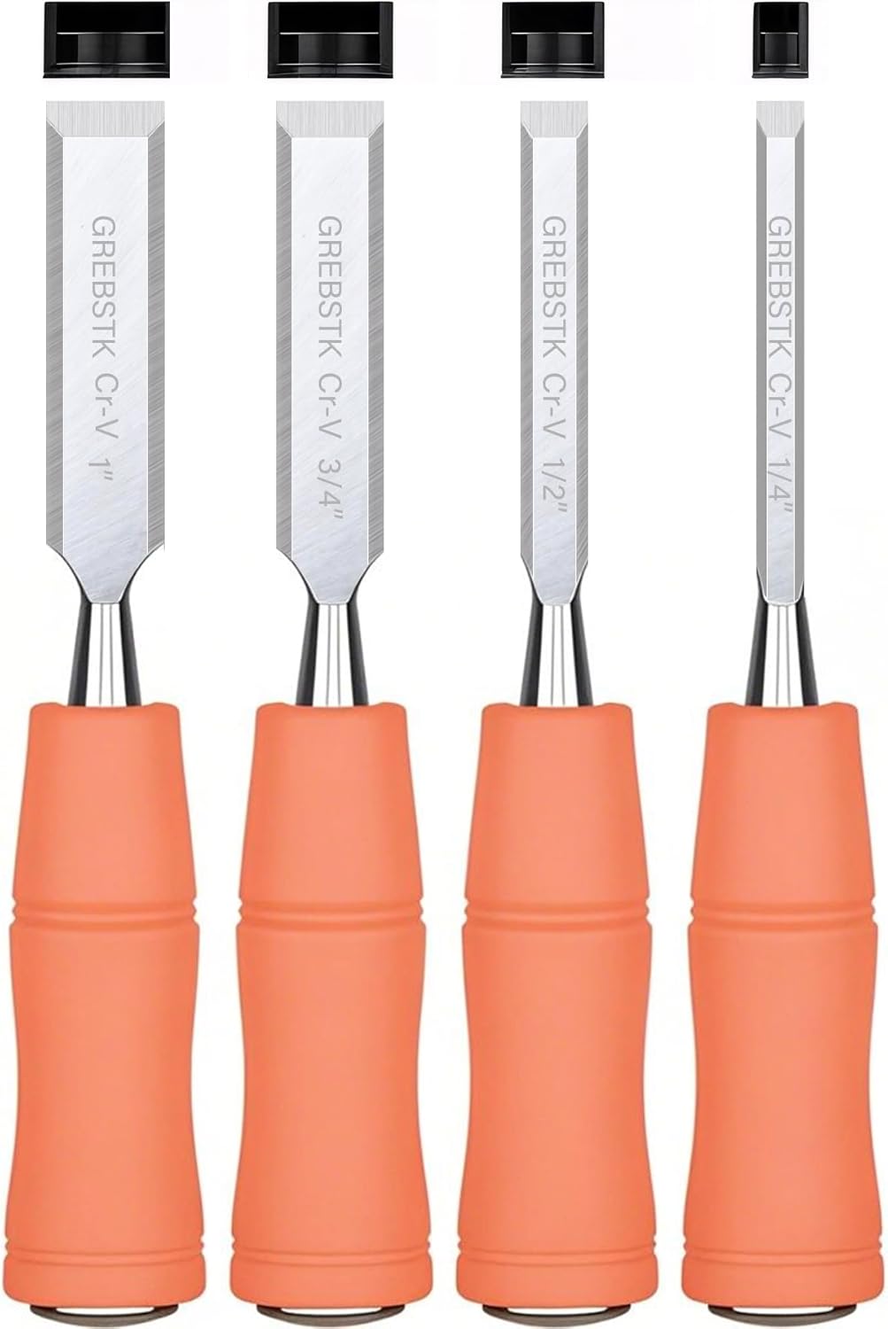 GREBSTK 4 Pcs Wood Chisel Set, CRV Steel Bevel Sharp Edge Bench Chisels with Metal Striking Cap, for Woodworking and DIY Projects, 8"x(1/4", 1/2", 3/4", 1")