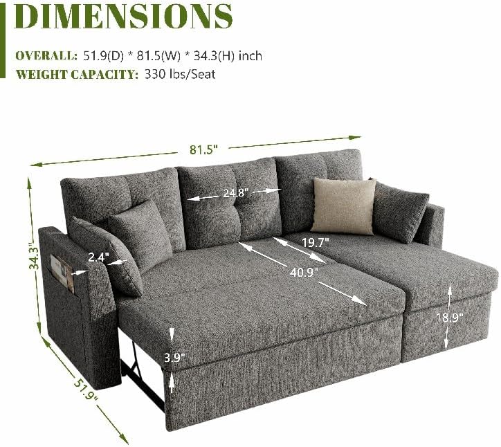 Huatean Home Sleeper Sofa Couch, Sectional Sofa Bed, Dark Grey - Image 3
