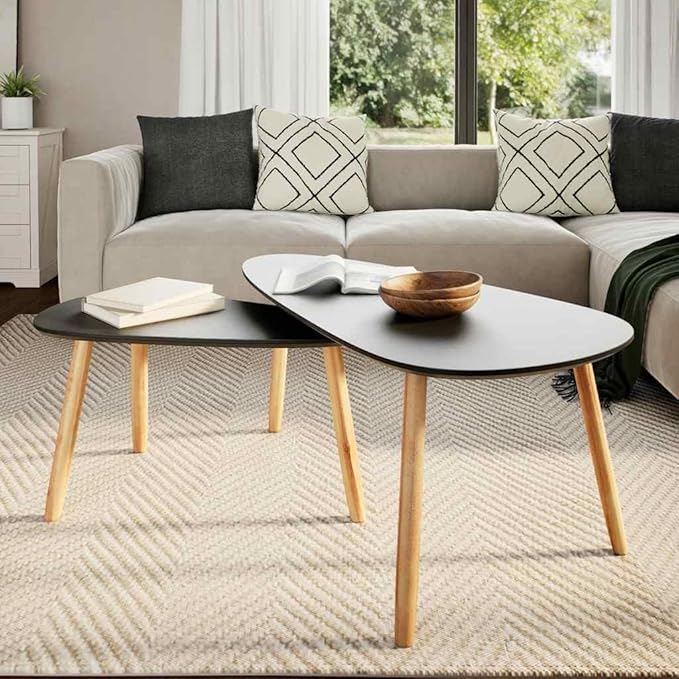 Coffee Table Set of 2 Black Solid Pine Wood Legs - Image 3