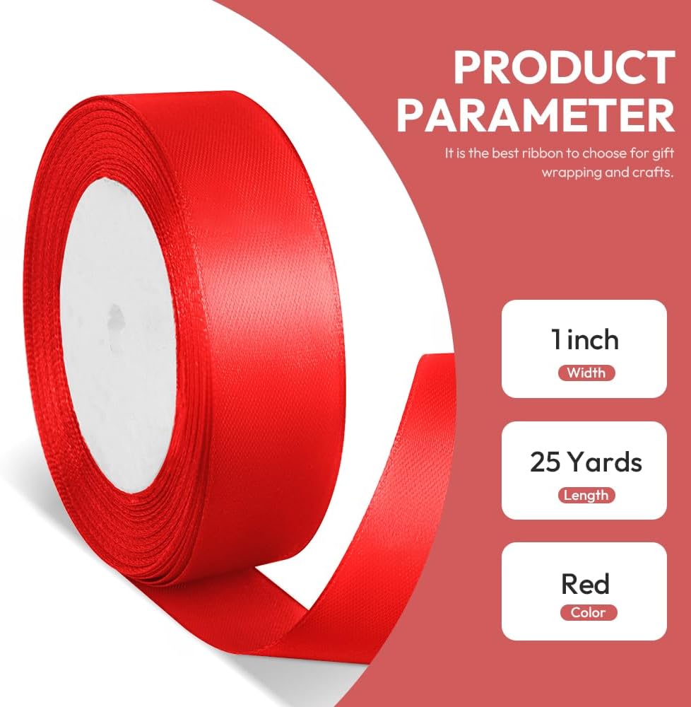 1" x 25 Yards Satin Ribbon, Red Silk Ribbon Ideal for Gift Wrapping, Floral Bouquets, Crafts, Wedding Party Decorations, Christmas and Sewing Projects