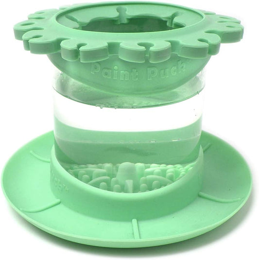 Paint Puck Ultimate Rinse Cup Paint Brush Cleaner (Green, Mug) – Non-Spill Paint Water Cup & Brush Cleaner with Brush Holder, Squeegee Lips & Drip Tray for Acrylic, Watercolor & Art Supplies