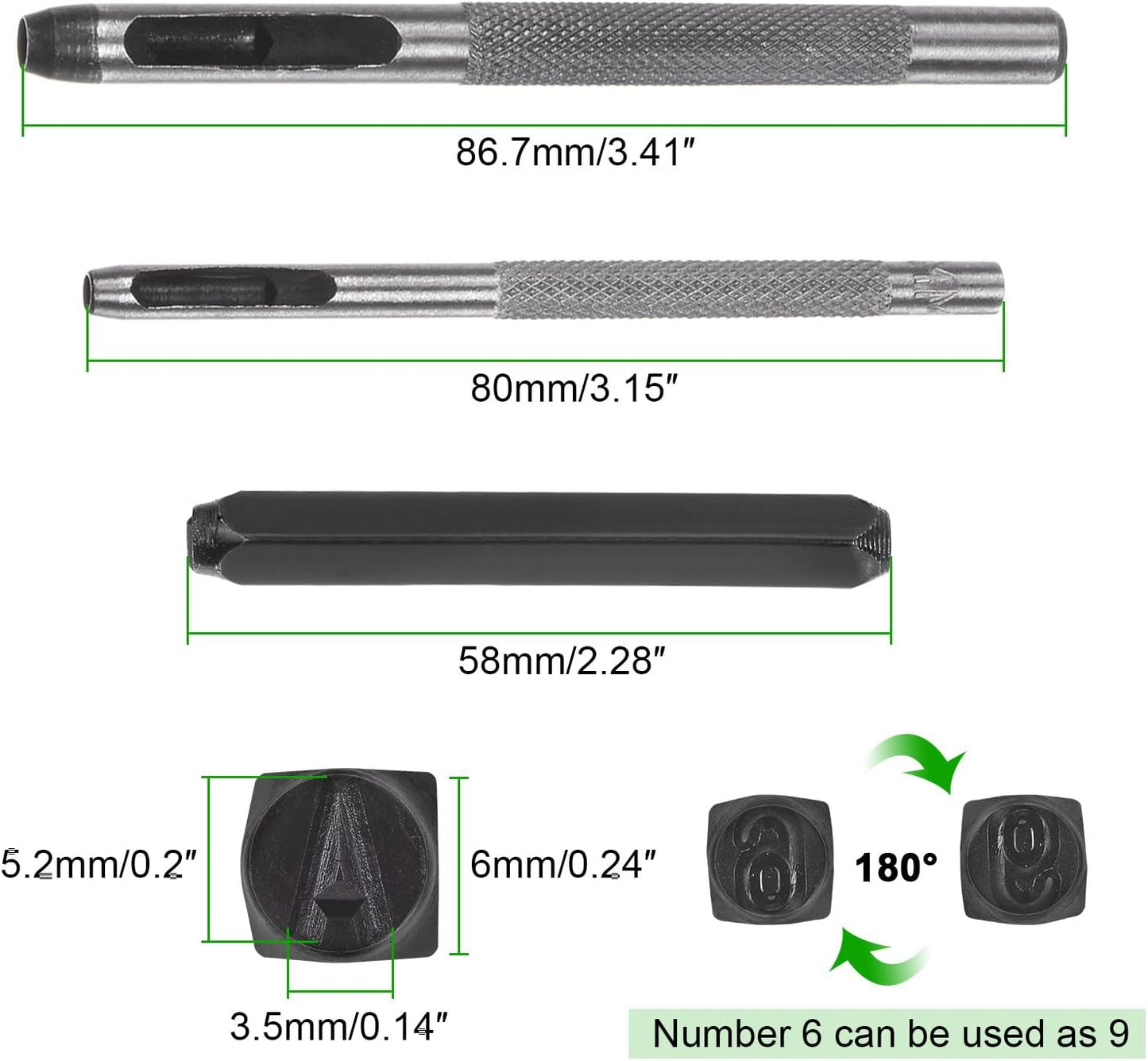HARFINGTON 36pcs Metal Stamping Kit 5/32" (4mm) (A-Z, 0-8, "&" Symbol) Steel Letter Punch Press Tool with Hole Punch to Stamp on Metal, Plastic, Wood, Leather, Black