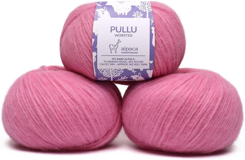 Pullu - Baby Alpaca Merino Wool Yarn Set of 3 Skeins (150 Grams) Worsted Weight - Sourced Directly from Peru - Heavenly Soft and Perfect for Knitting and Crocheting (Cotton Candy)