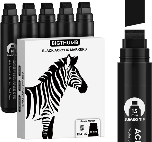 Black Poster Markers Jumbo: 5 Pcs 15mm Wide Tip Thick Acrylic Paint Pen Large Permanent Calligraphy Markers for Rock Painting, Stone, Poster, Canvas, Glass, Wood, Ceramic