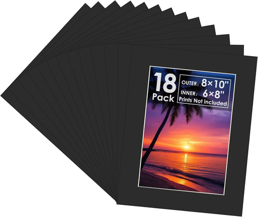 18 Pack Picture Mats, 8x10 for 6x8 Picture Frame Mats, Acid Free Core Bevel Cut Picture Frame Mattes for Photos Artworks Prints (Black)