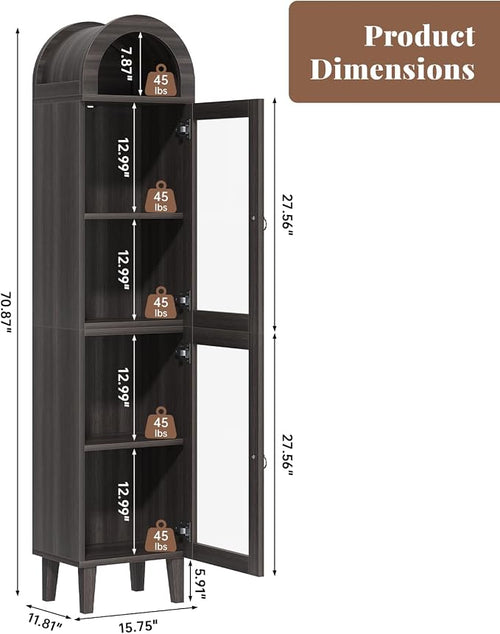 71" Tall Arched Cabinet with Acrylic Door, Modern Curio Arched Bookcase with - Image 2