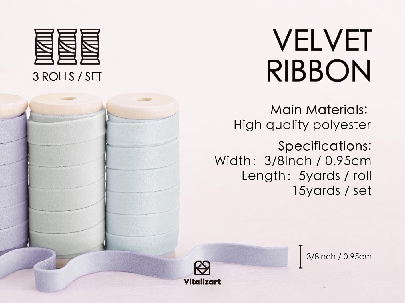 Vitalizart Velvet Ribbon Set 3/8" x 15 Yd Wooden Spool Fabric Trim 3 Rolls * 5 Yd for Christmas Wreath Decoration Handmade Craft Ornaments Gift Wrapping & Bow Making Light Blue Lavender