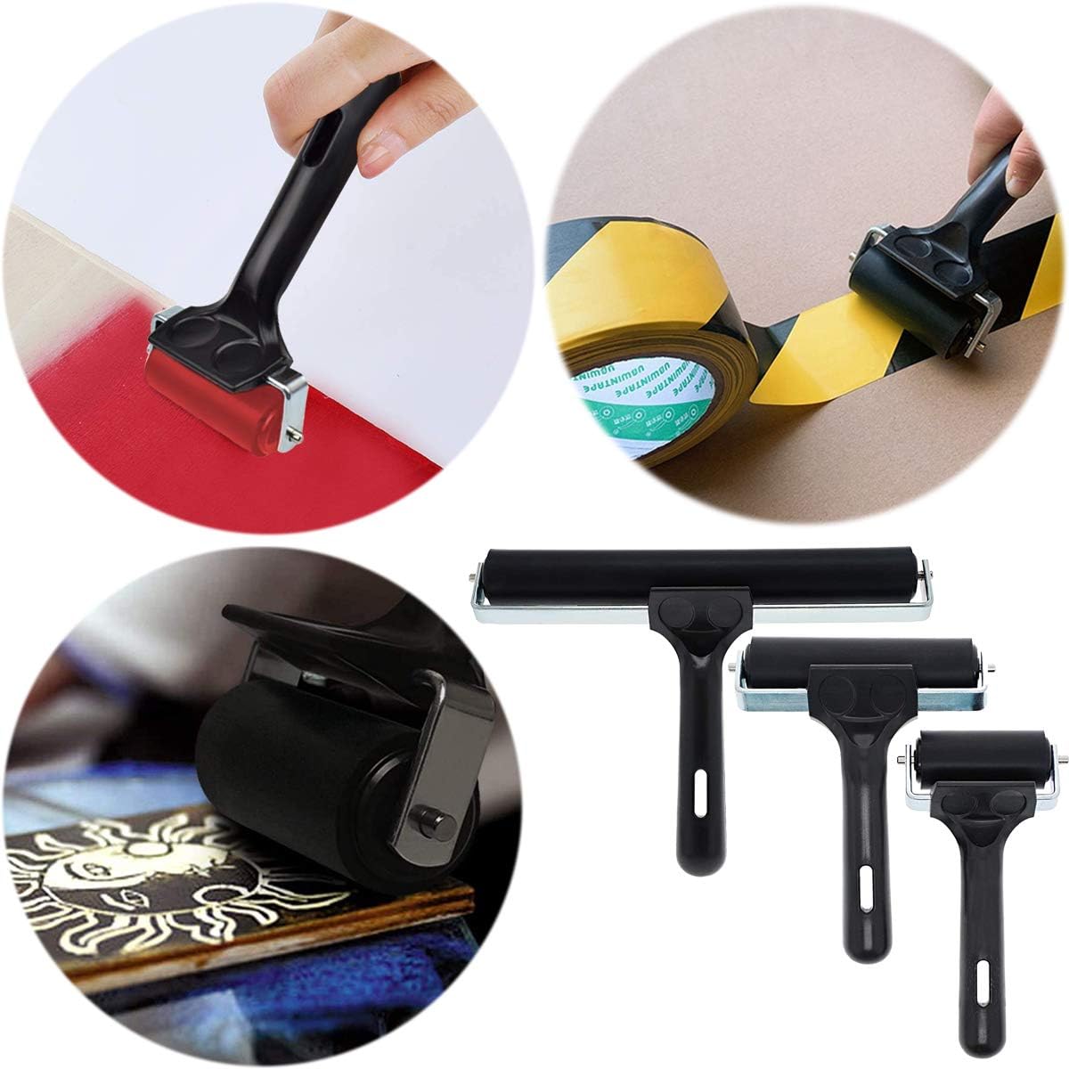 3 Pack Printmaking Brayers - Premium Brayer Rollers for Crafting, Hard Rubber Roller Brayers, Vinyl Roller Ink Paint Brush for Wallpapers Stamping Gluing Application (2.4’’, 4’’, 7.9’’) (Black)