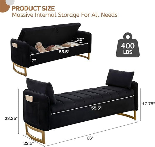 66" End of Bed Storage Bench King Size, Velvet Storage Benches - Image 2