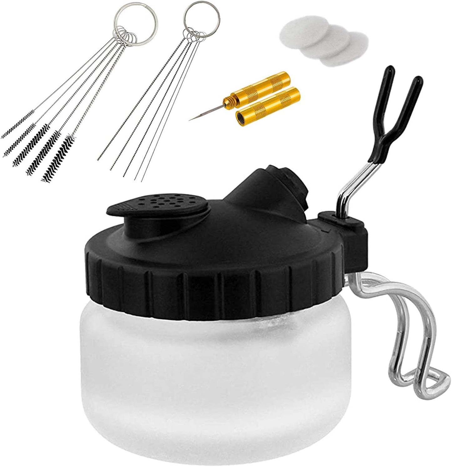 Airbrush Cleaning kit Glass Cleaning Pot with holder,Wash Cleaning Tools,5 Nozzle cleaning Needles and Brush,1 Golden Needle,Dredging Needles Kit for Airbrush Cleaning Repair