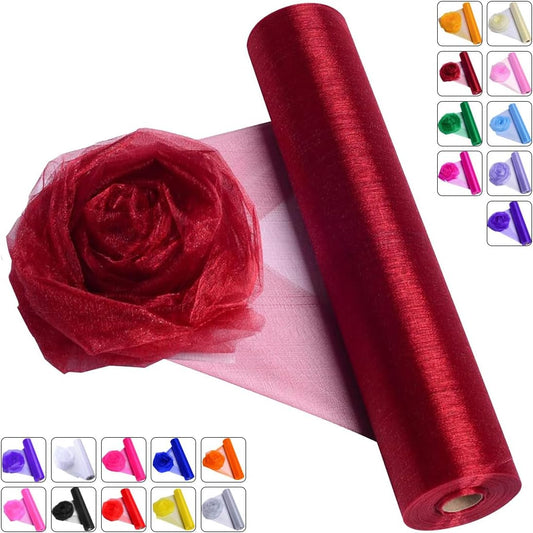 Crystal Organza Fabric Tulle - 16" by 50 Yards Sheer Fabric for Wedding Party Decoration Bridal Shower Tutu Roll Netting Spool Ribbon Wrapping (Burgundy)