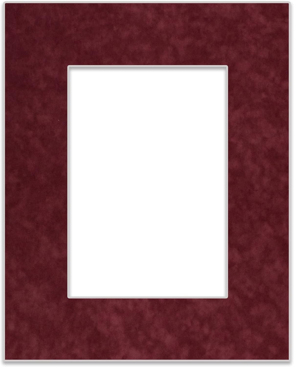 8x10 Mat Bevel Cut for 5.5x8.5 Photos - Acid Free Dark Red Suede Precut Matboard With Backing Board and Crystal Clear, Self Seal Photo Mat Bag - For Pictures, Photos, Framing - 4-ply Thickness