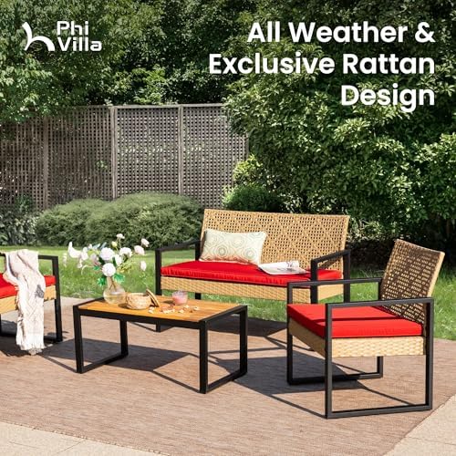 PHI VILLA 4 Piece Yellow Wicker Patio Furniture Set - Image 3