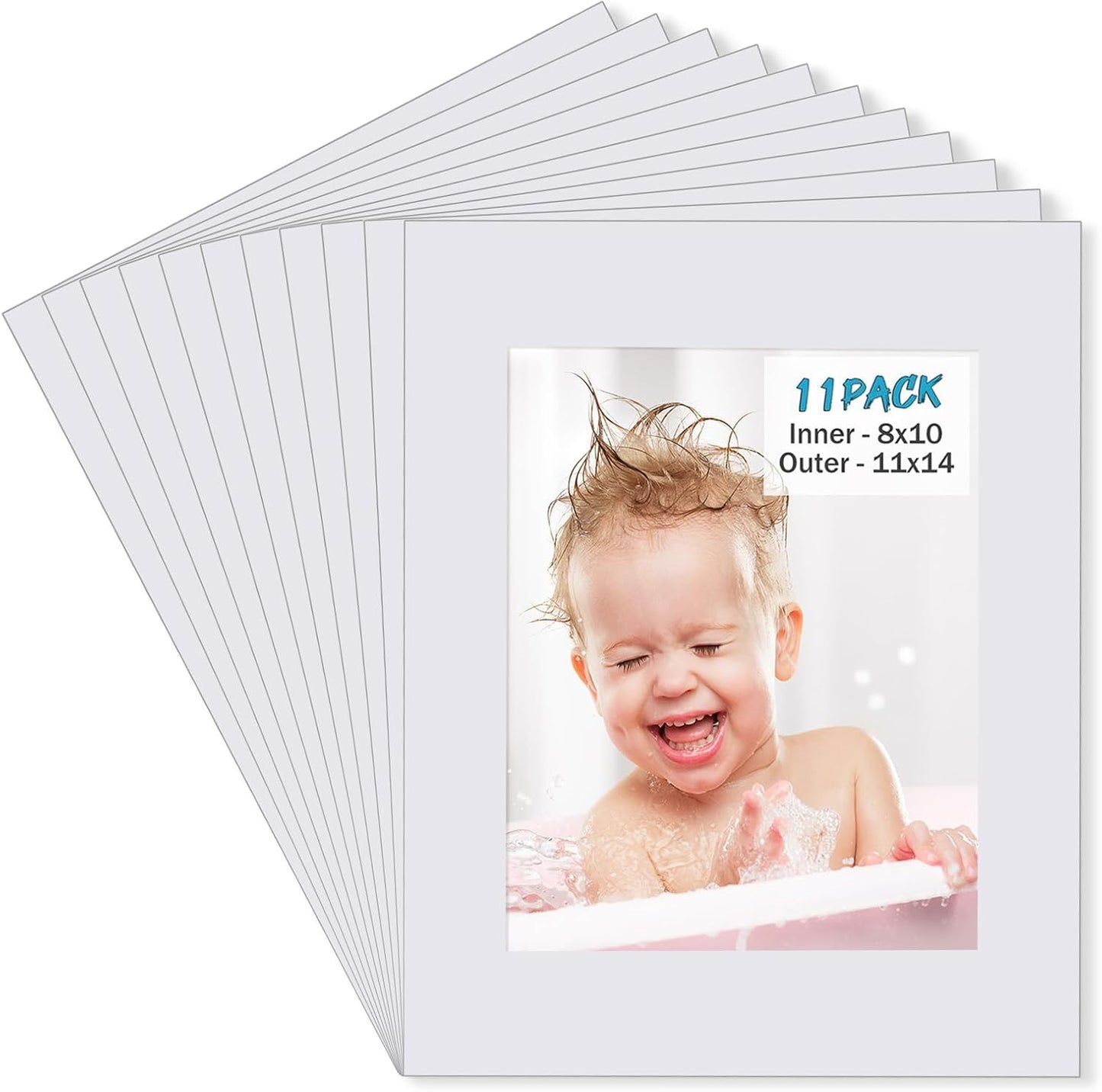 Egofine 11x14 White Picture Mats Pack of 11, Frame Mattes for 8x10 Pictures, Acid Free, 1.2mm Thickness, with Core Bevel Cut
