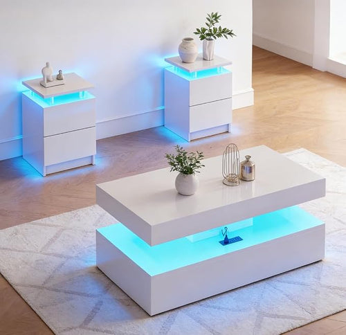 3-Piece Modern Living Room Table Set, Includes LED Coffee Table and End Tables by Nordivale