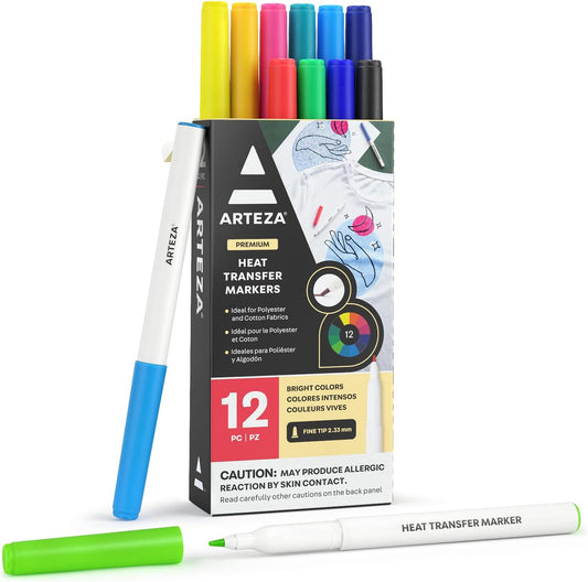 ARTEZA Heat Transfer Fabric Markers, Set of 12, Fade-Resistant Heat Transfer Ink, Colored Fabric Pens for Polyester and Cotton Garments