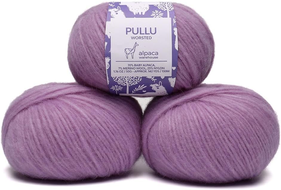 Pullu - Baby Alpaca Merino Wool Yarn Set of 3 Skeins (150 Grams) Worsted Weight - Sourced Directly from Peru - Heavenly Soft and Perfect for Knitting and Crocheting (Lavender Fields)