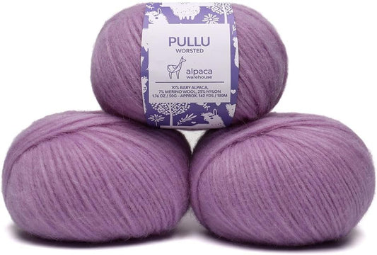 Pullu - Baby Alpaca Merino Wool Yarn Set of 3 Skeins (150 Grams) Worsted Weight - Sourced Directly from Peru - Heavenly Soft and Perfect for Knitting and Crocheting (Lavender Fields)