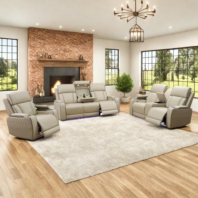 Power Recliner Set with LED Lights, Quilted Air Leather Reclining Set with USB by Unknown
