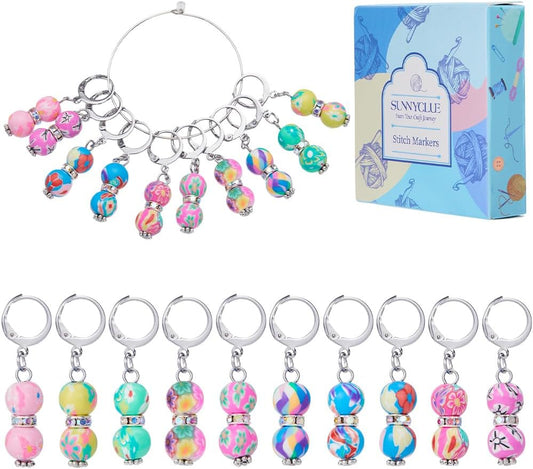 SUNNYCLUE 1 Box 20Pcs Stitch Markers Crochet Stitch Marker Cute Round Polymer Clay Beads Charms Clip On Removable Leverbacks Zipper Pull Charm Locking Knitting Markers for Yarns DIY Sewing Quilting