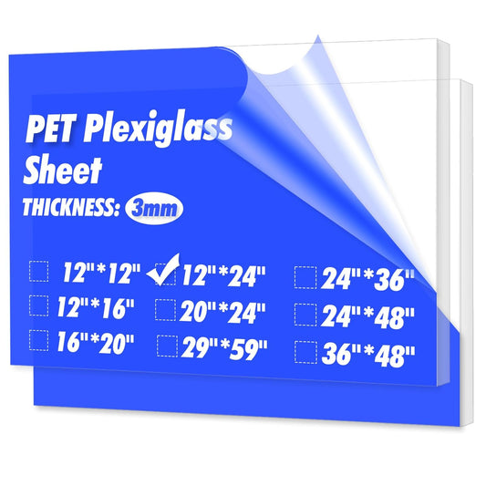Art3d (2 Pack) 1/8" Thick Plexiglass Sheets - 24" x 12" PET Clear Sheets for Art Design，Craft Projects, Signs, DIY in Home, Wedding, Festival,Party,Office