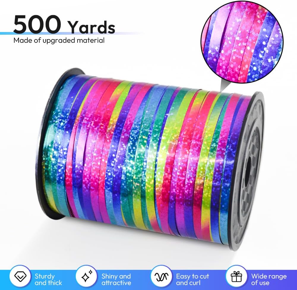 KMER LIFE Premium Rainbow Shiny Curling Shiny Ribbon, 1/5" Wide x 500 Yards Christmas Curling Ribbons for Gift Wrapping, Party Decoration, Balloon String, Ribbons for Florist Flower (1 Roll)