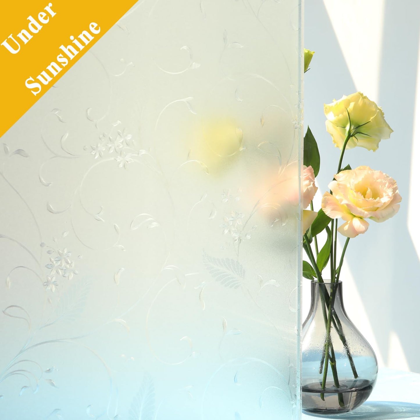 Mikomer Privacy Window Film Etched Flowers Static Cling Glass Door Film, Non Adhesive Heat Control Anti UV Window Cling for Office and Home Decoration,23.6 inches by 118 inches